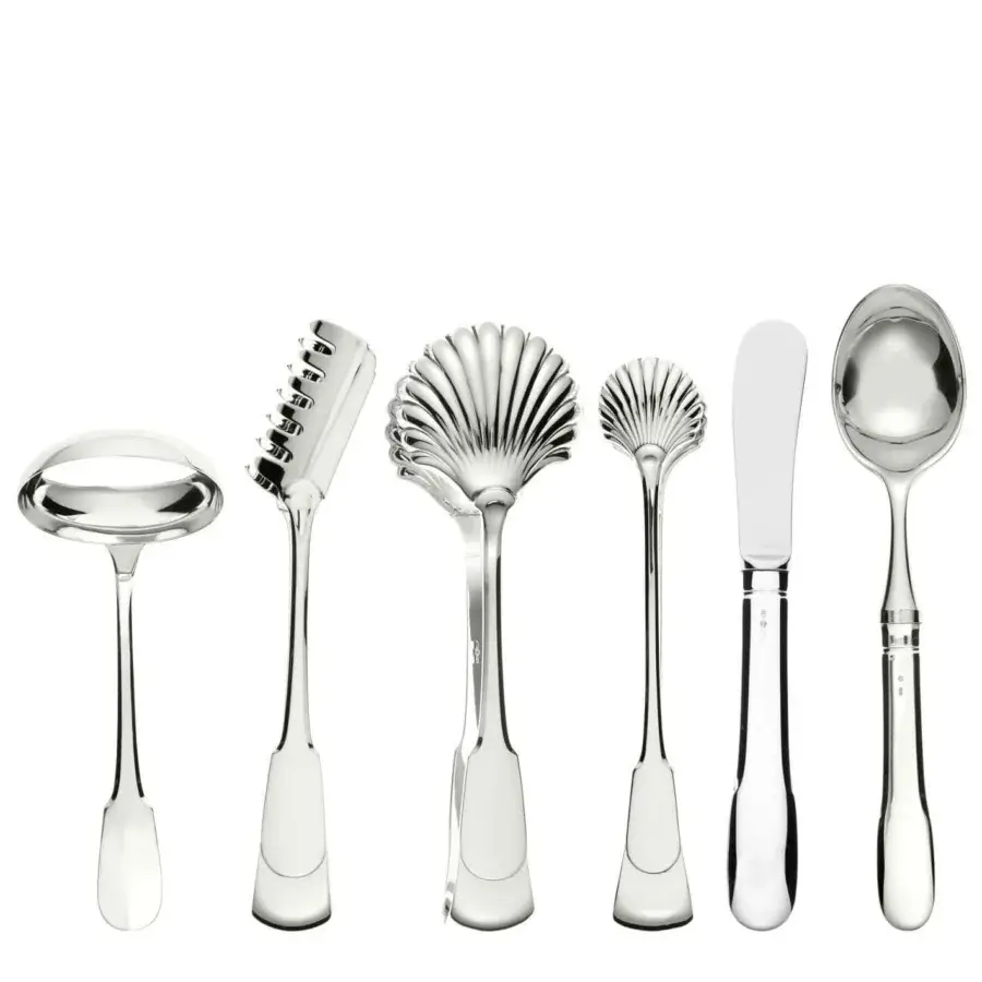 Superior Schiavon Scudo serving cutlery crafted from silver or silver-plated alpaca with a highly polished glossy finish