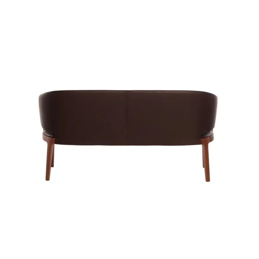 Superior Potocco Velis sofa with enveloping back and seat in dark brown material, built with Canaletto walnut legs and frame