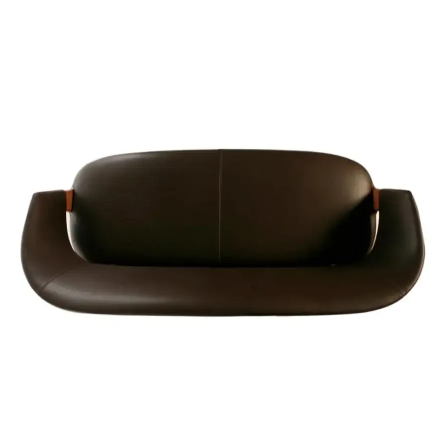 Lavish Potocco Velis sofa with a low silhouette, dark brown leather upholstery and Canaletto walnut frame