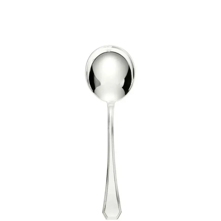 Superior Schiavon Ottogonale soup spoon crafted in polished silver with sinuously shaped surfaces and balanced weight