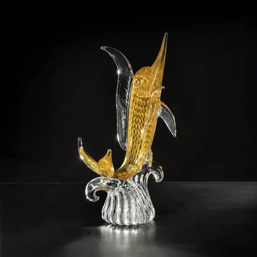 Stunning Duccio di Segna Marlin Fish sculpture crafted in golden amber crystal with swirling clear and silver-toned glass