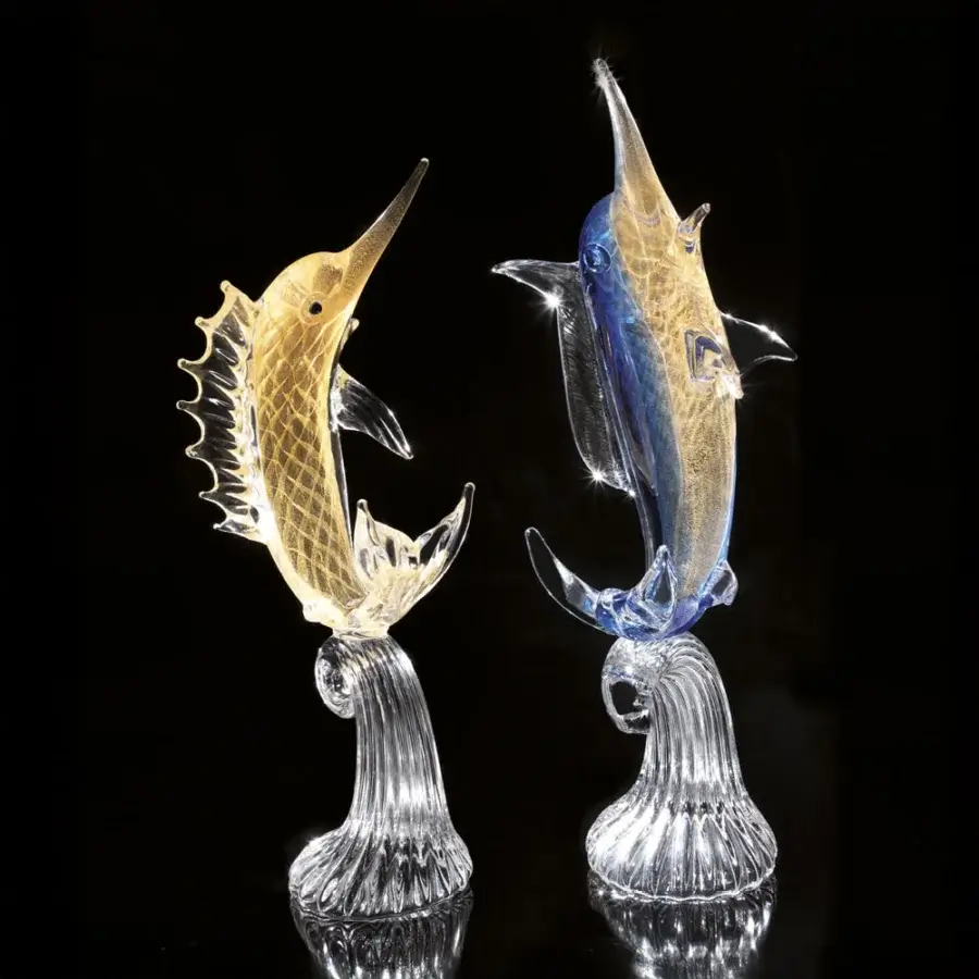Exquisite Duccio di Segna Marlin Fish sculpture crafted in golden-yellow crystal with a glossy glass wave base