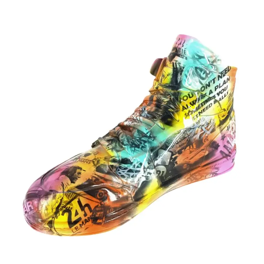 Exceptional Juliarte 24h Le Mans sculpture hand-painted in a contemporary street art style with stone powder and fiberglass, boasting a glossy finish