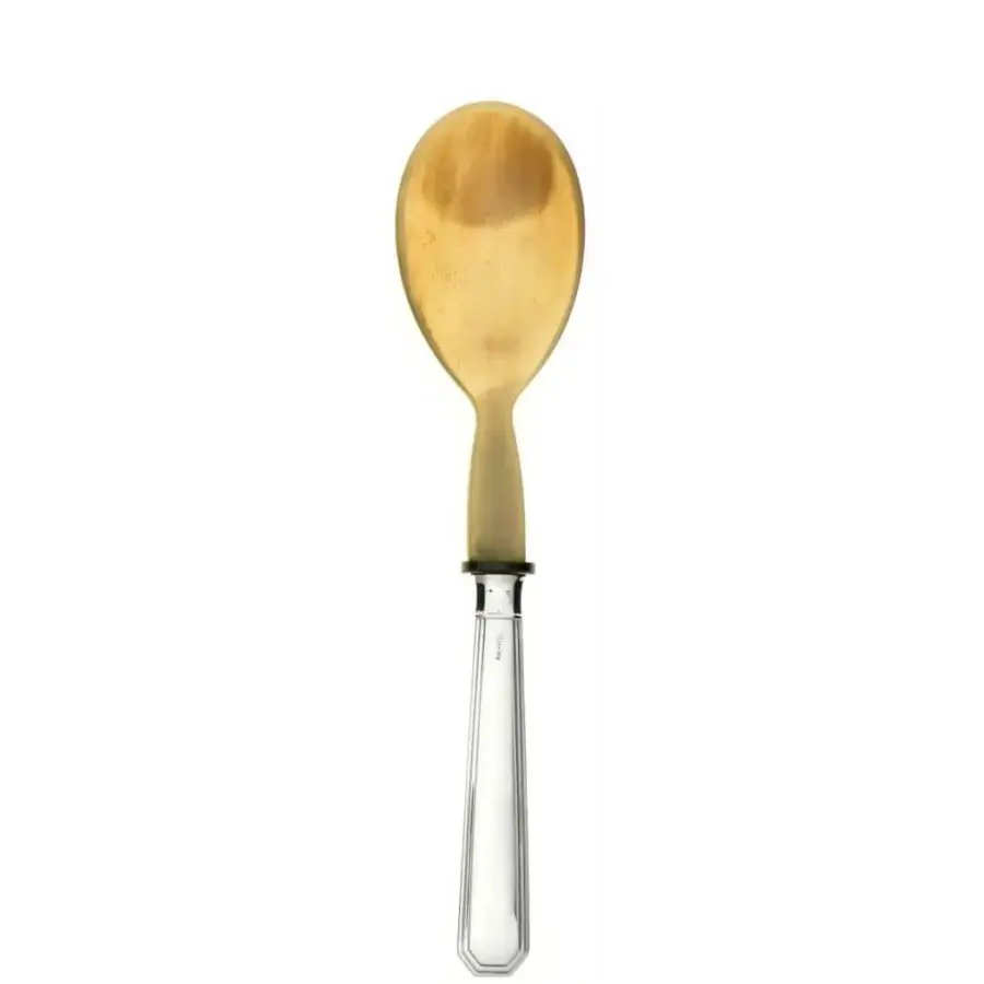 Elegant Schiavon Ottogonale salad serving cutlery with a light wood bowl and bright silver satin-finish metal handle