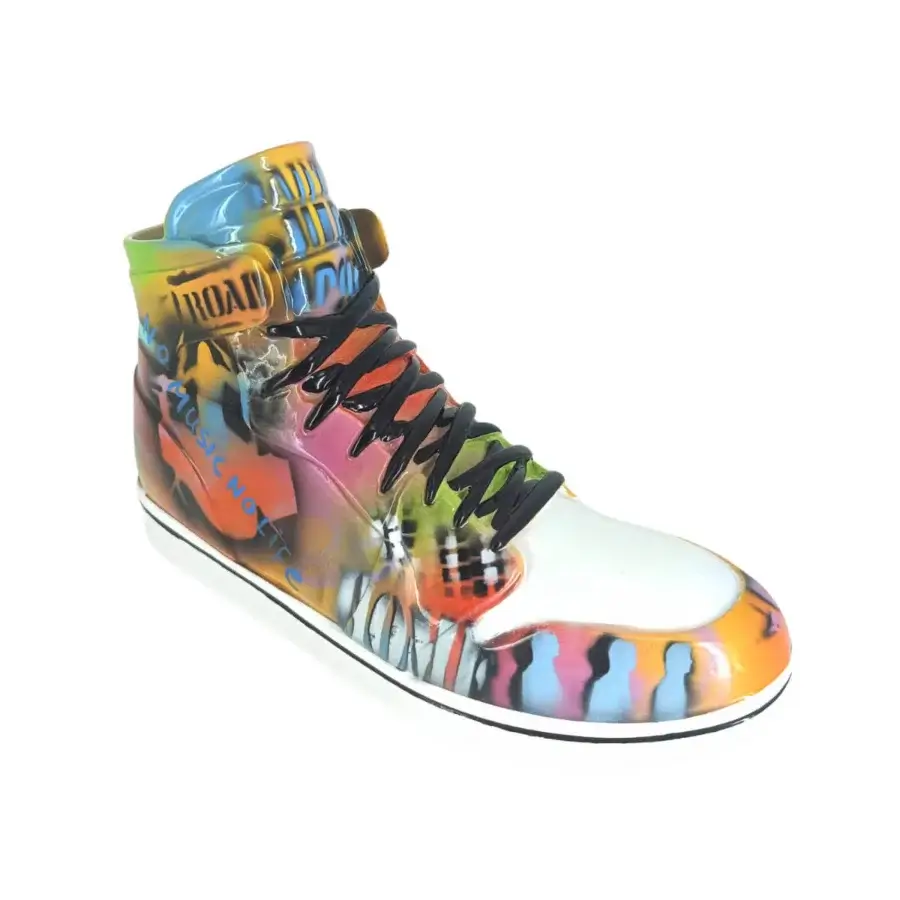 Exclusive Juliarte Life Graffiti sculpture crafted in stone powder and fiberglass with a textured matte finish and vibrant graffiti design