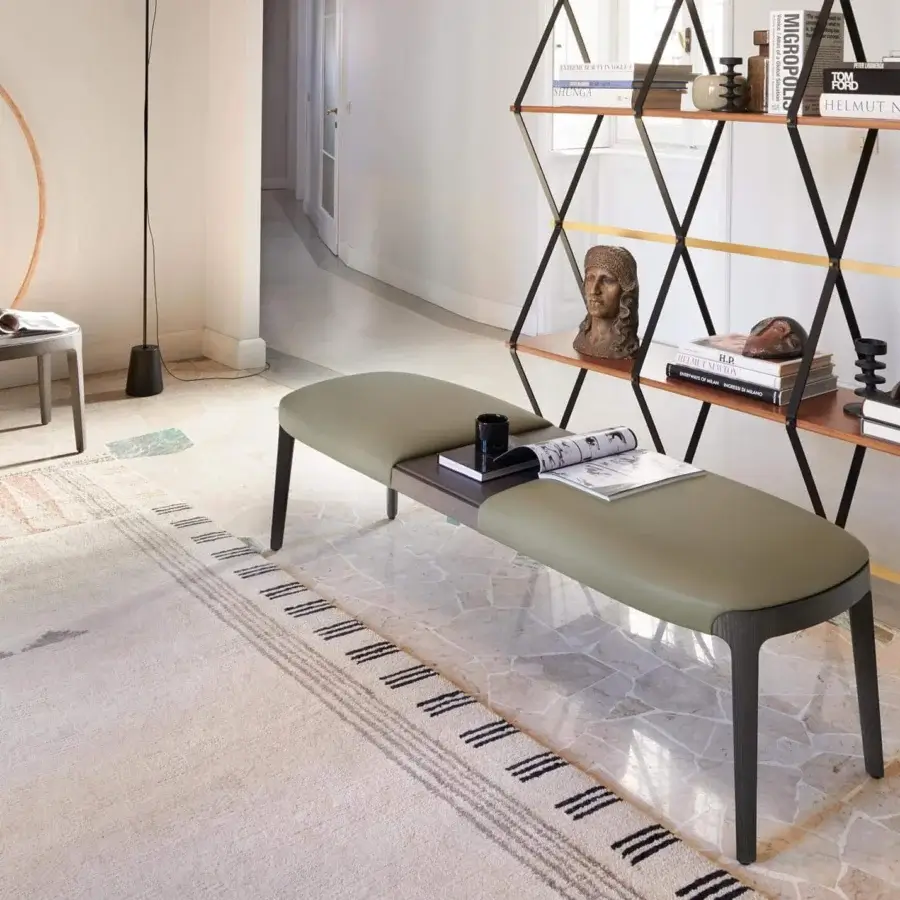 Elegant Potocco Velis bench with solid Canaletto walnut and muted olive green upholstery construction