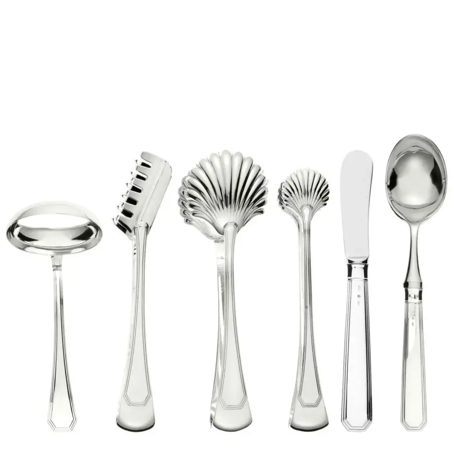 Distinguished Schiavon Ottogonale serving cutlery crafted from silver with embossed detailing and a highly polished glossy finish