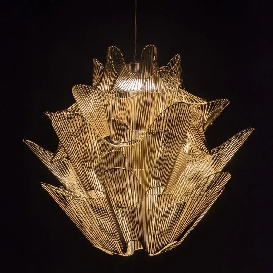 Superior Terzani Moiré suspension lamp with overlapping refined metal grids and gold plating finish
