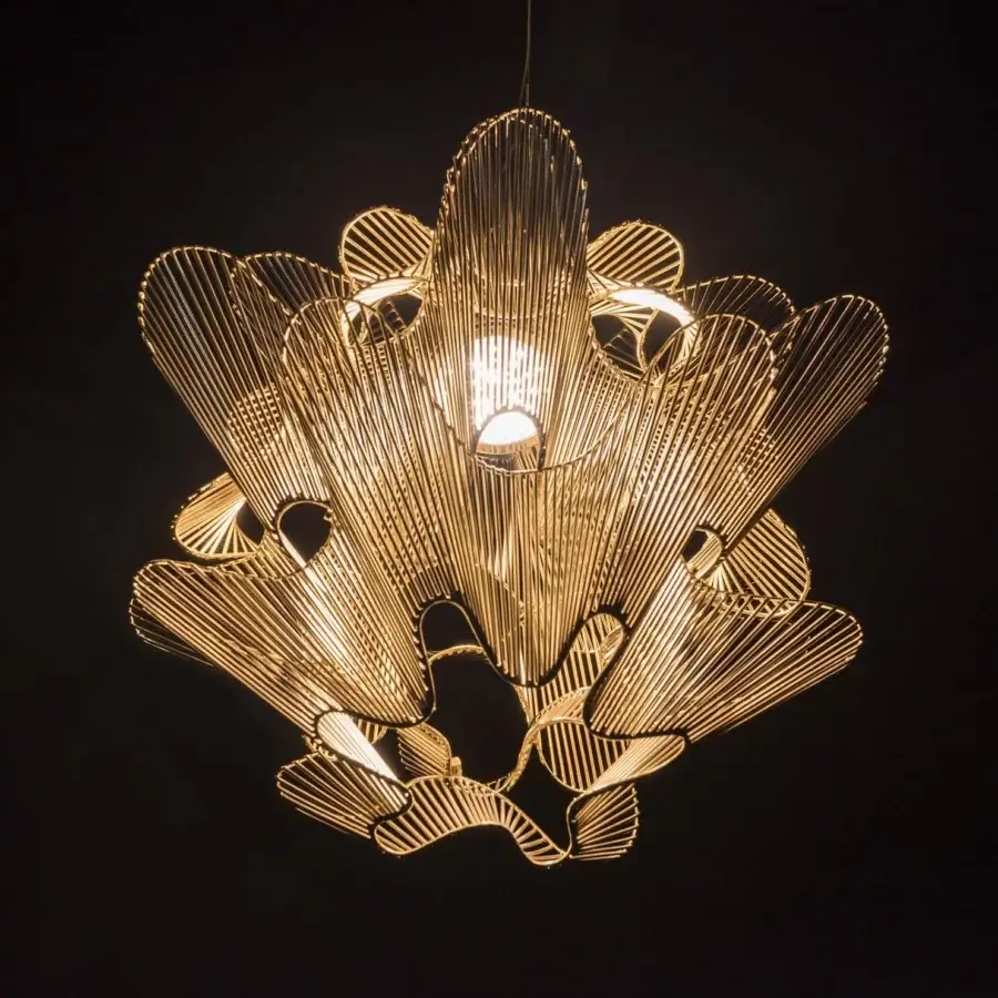 Captivating Terzani Moiré suspension lamp crafted in Italy with lustrous light gold refined metal and dynamic overlapping grids