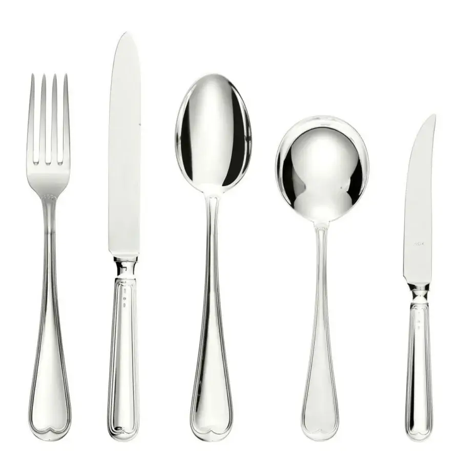 Distinguished Schiavon Mauriziano 5-piece cutlery set crafted from silver or silver-plated alpaca with a highly polished reflective finish