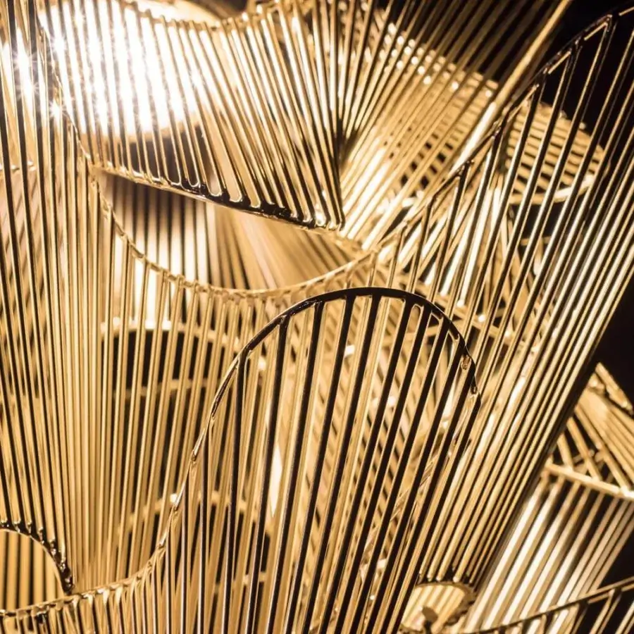 Distinguished Terzani Moiré suspension lamp crafted in Italy with overlapping refined metal grids and gold plated finish