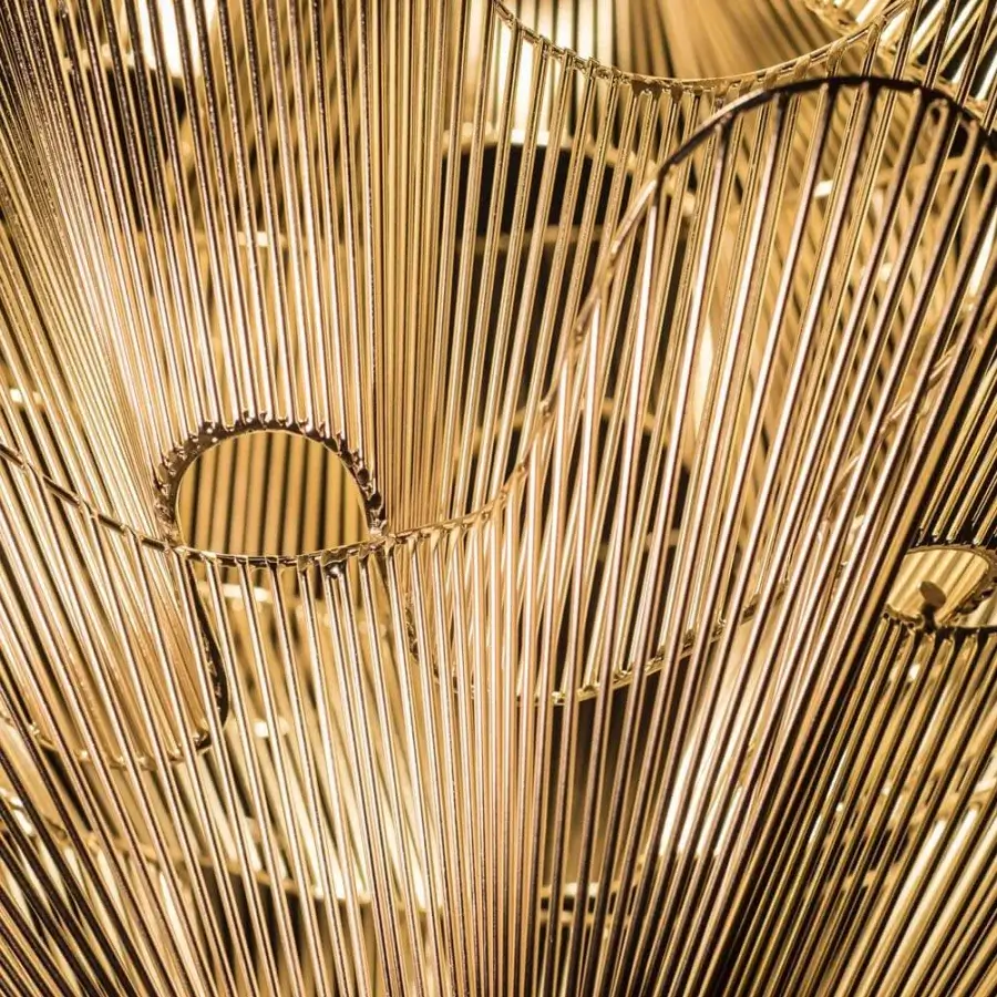 Exclusive Terzani Moiré suspension lamp crafted in Italy with dynamic refined metal and lustrous gold finish