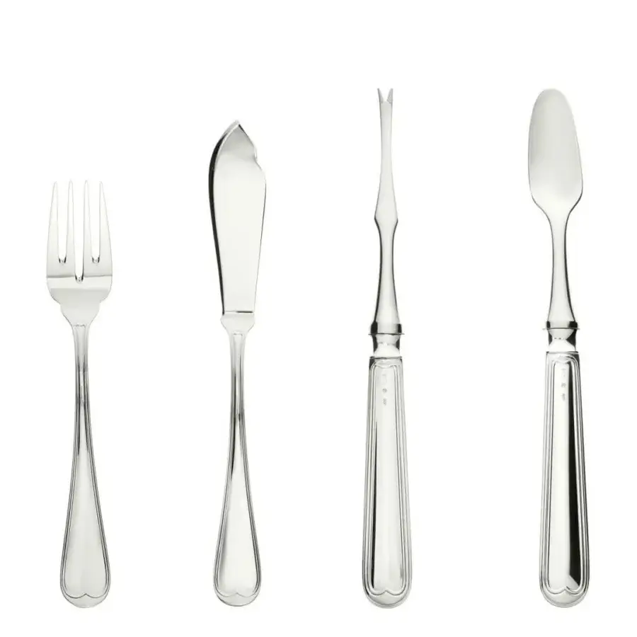 Exclusive Schiavon Mauriziano seafood cutlery set in silver-plated alpaca with bright, balanced silhouettes crafted in Italy