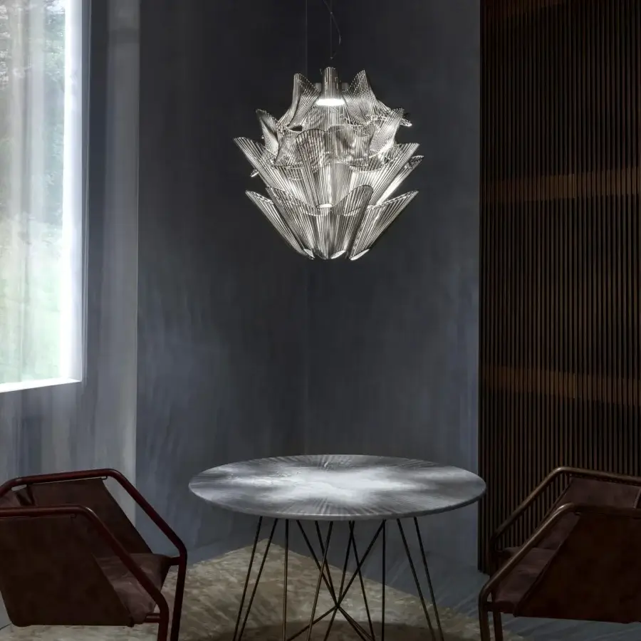 Superior Terzani Moiré suspension lamp with radiating metal elements and nickel plating finish crafted in Italy