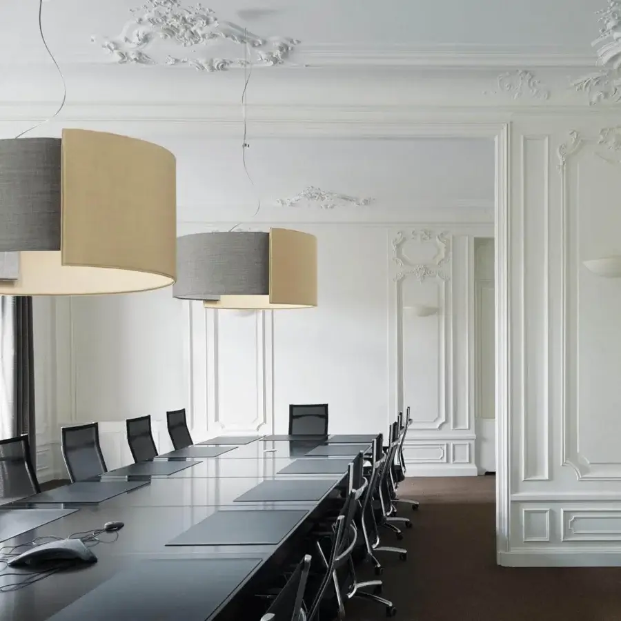 Distinguished Modo Luce Alco suspension lamp with embracing semicircular shades upholstered in color-blocked gray and tan textiles