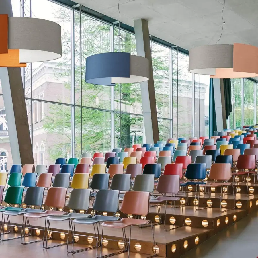 Captivating Modo Luce Alco suspension lamp with color-blocked textile-like fabric and delicate wire suspension for luxurious settings