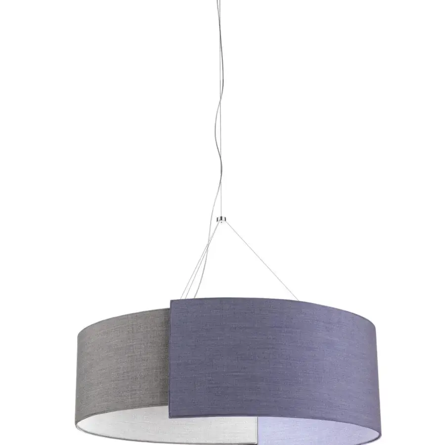 Superior Modo Luce Alco suspension lamp with embracing shapes upholstered in soft stitched light gray and muted blue-purple textile fabric
