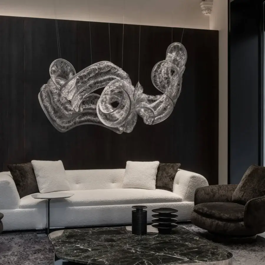 Superior Terzani Genesis suspended sculpture woven from knitted steel and translucent synthetic material in pale neutral gray