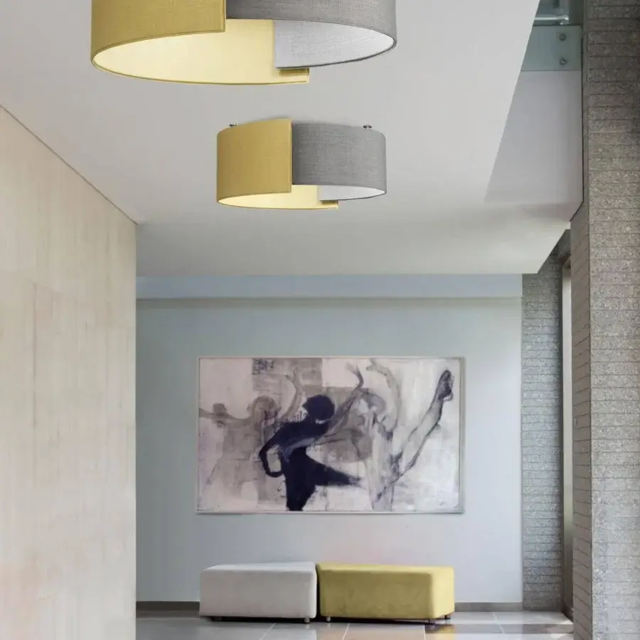 Distinguished Modo Luce Alco ceiling lamp crafted in light yellow and medium gray textile with subtle woven texture and matte finish