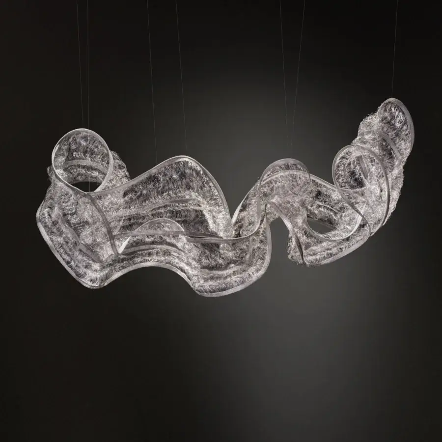 Elegant Terzani Genesis suspended sculpture hand-woven in knitted steel and translucent fabric with a pale gray finish