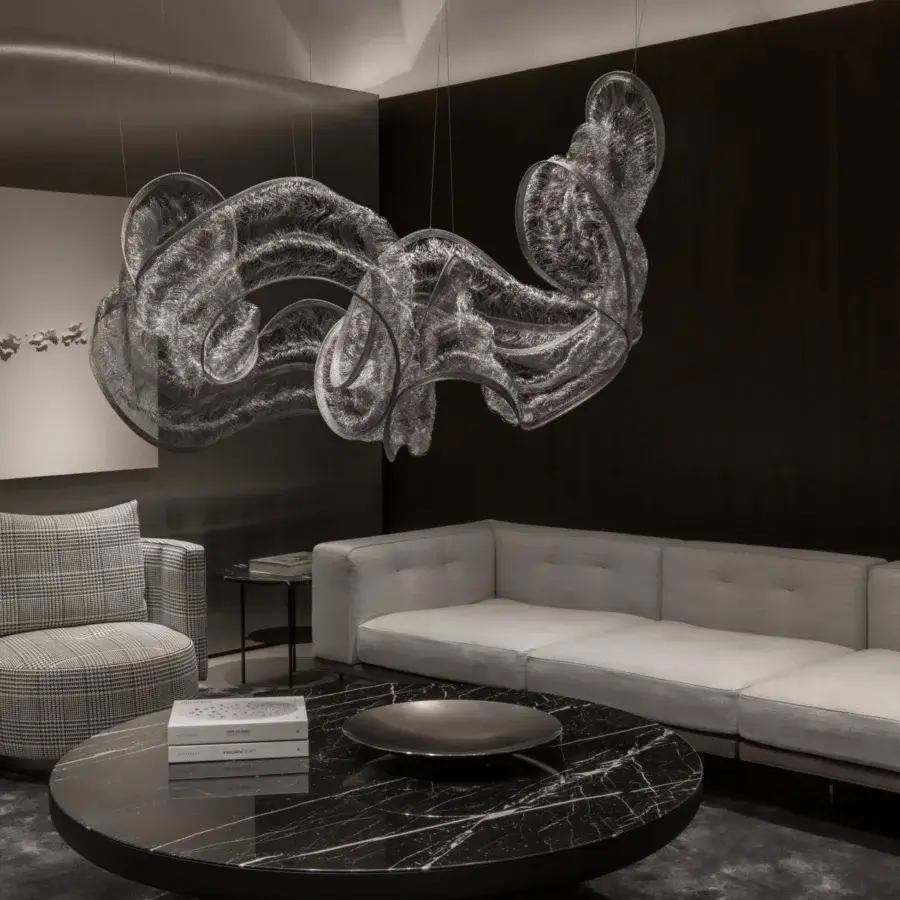 Exceptional Terzani Genesis suspended sculpture crafted in knitted steel with a clear neutral tone