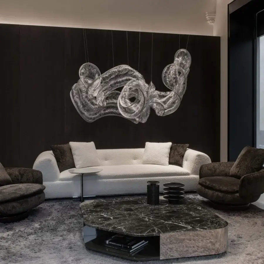 Distinguished Terzani Genesis suspended sculpture crafted in knitted steel with a silvery-grey finish and translucent rippled surface