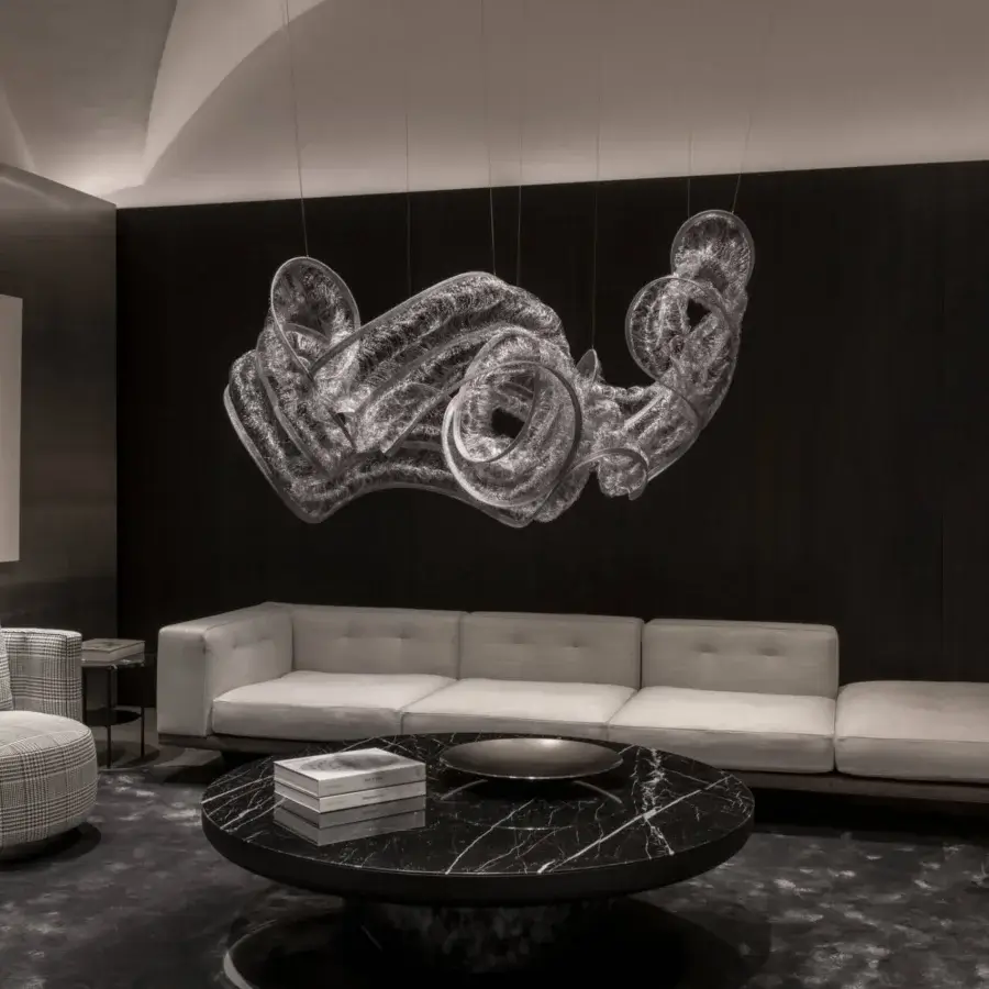 Superior Terzani Genesis suspended sculpture crafted in knitted steel with a clear glossy finish