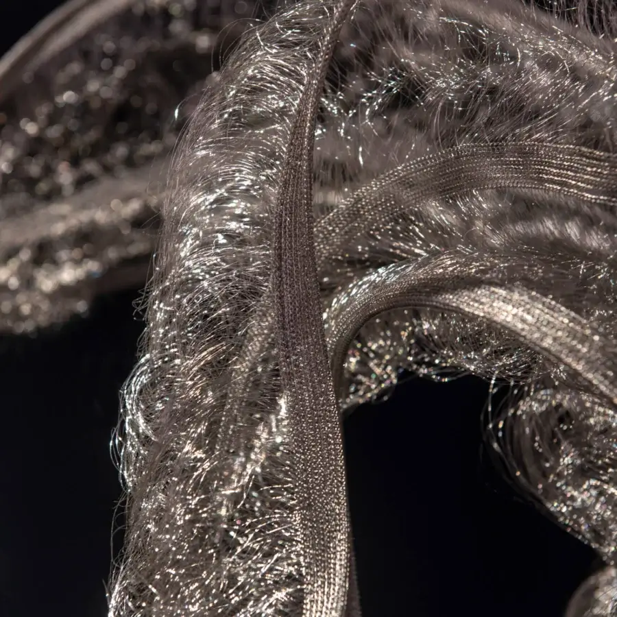 Elegant Terzani Genesis suspended sculpture crafted in knitted steel with a highly reflective silver finish