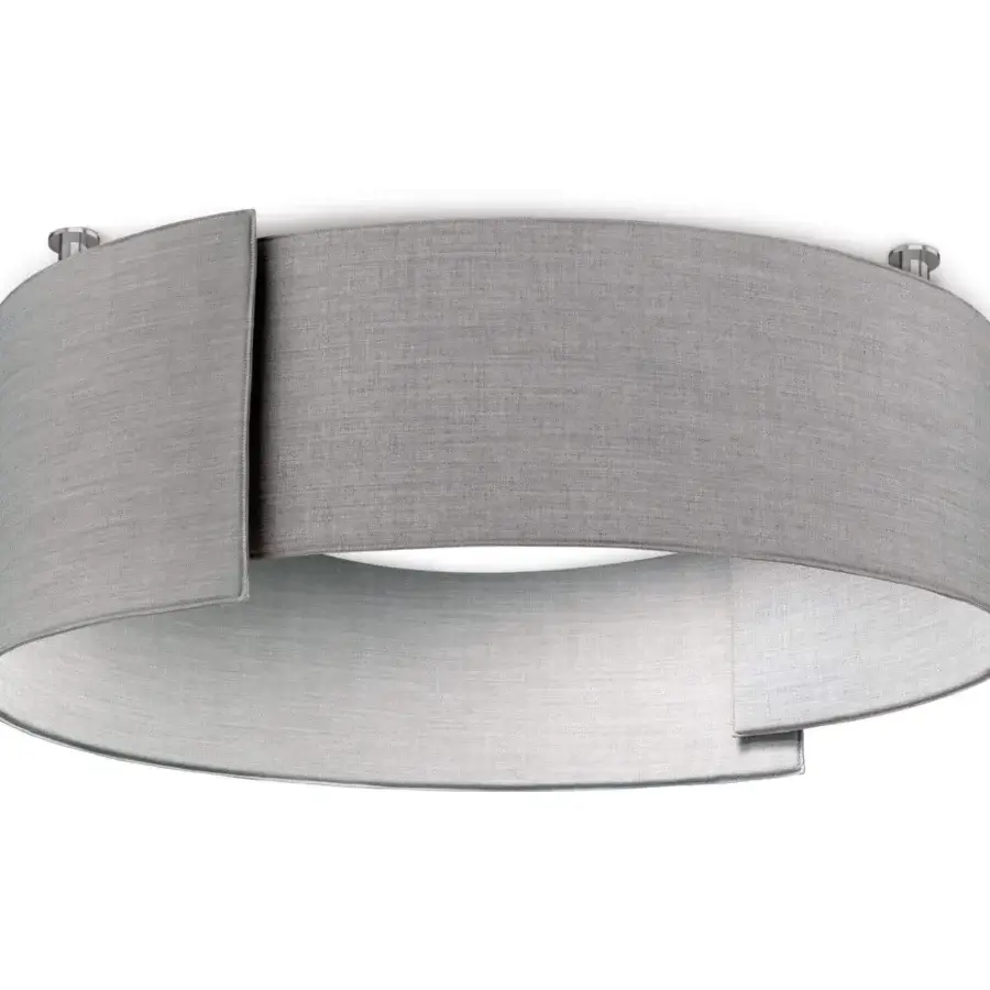Exceptional Modo Luce Alco ceiling lamp built with soft stitched textile in medium gray with overlapping shade detail and visible metal hardware