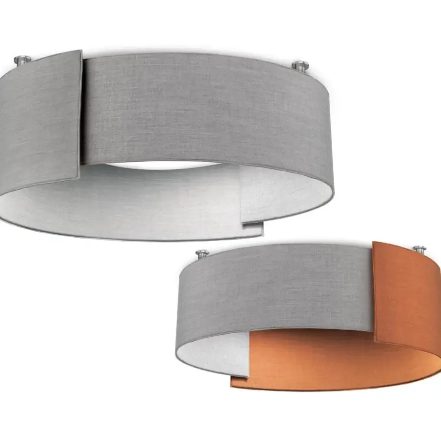 Elegant Modo Luce Alco ceiling lamp built with light gray and orange stitched fabric offering a streamlined design
