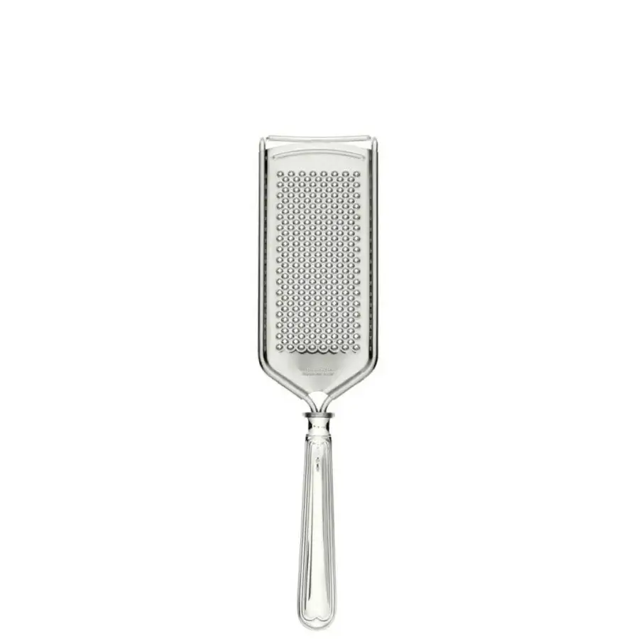 Exquisite Schiavon Mauriziano Cheese Cutlery crafted in silver-plated alpaca with a polished glossy finish and delicately perforated stainless steel blade