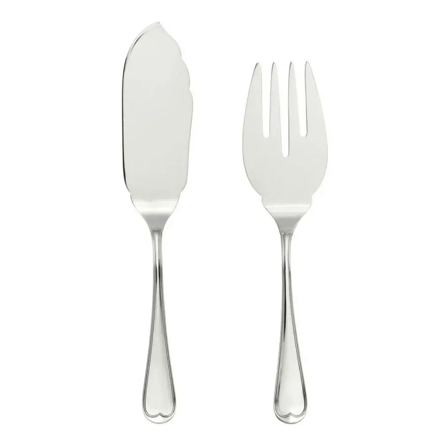 Exceptional Schiavon Mauriziano Fish Serving Cutlery Set with silver-plated alpaca construction and heart-shaped detailing in a polished glossy finish
