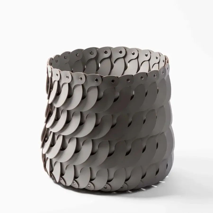 Exclusive Pinetti Alicante baskets with lid crafted in washable gray leather exhibiting a layered sculptural texture with refined metal pins