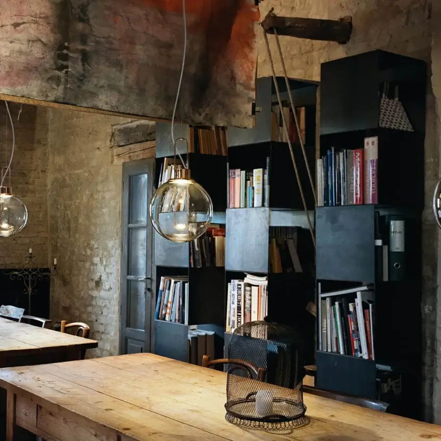 Superior Modo Luce Orb suspension lamp with smoked PMMA globe and gleaming copper vertical element within a painted metal structure