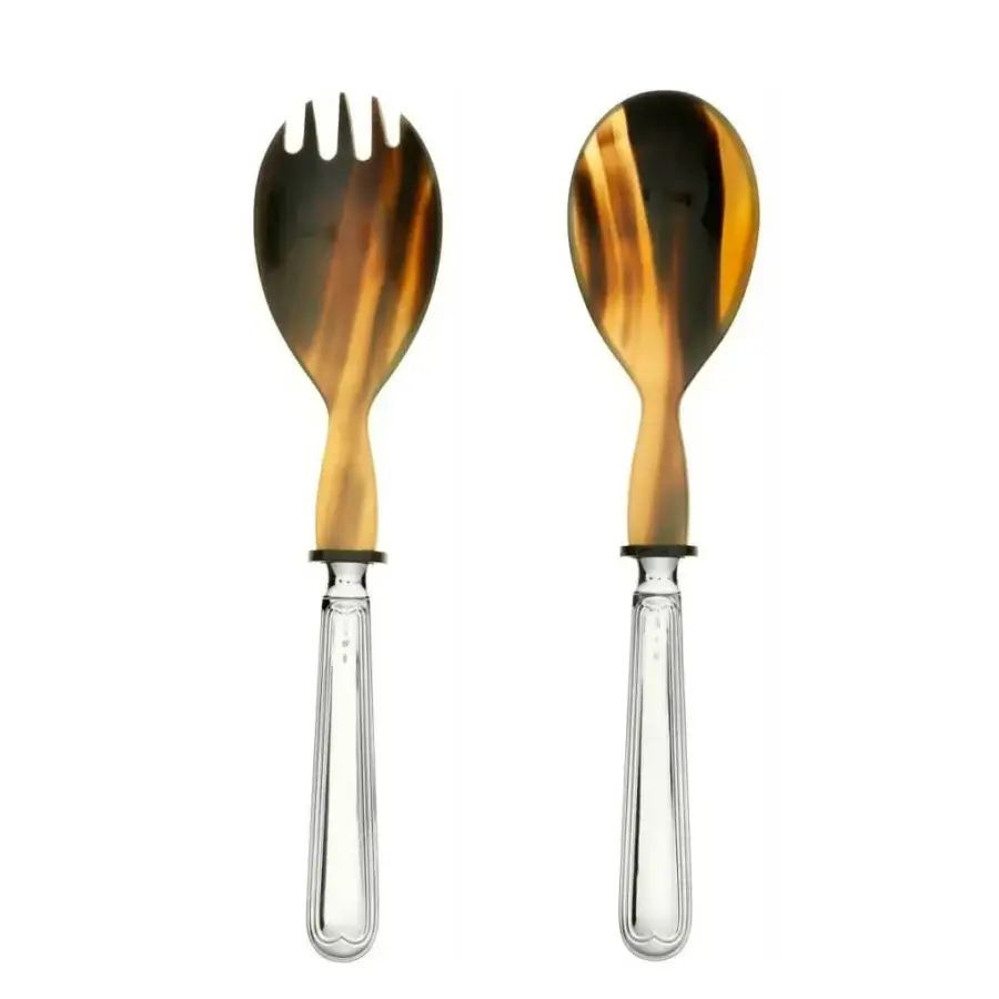 Distinguished Schiavon Mauriziano Salad Serving Cutlery Set crafted from silver-plated alpaca with natural horn tops and polished silver handles