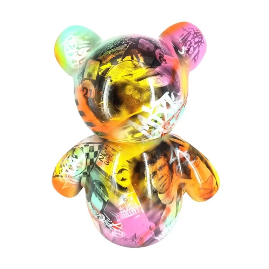 Distinctive Juliarte Teddy 24h Le Mans sculpture hand-painted with glossy fiberglass and stone powder collage