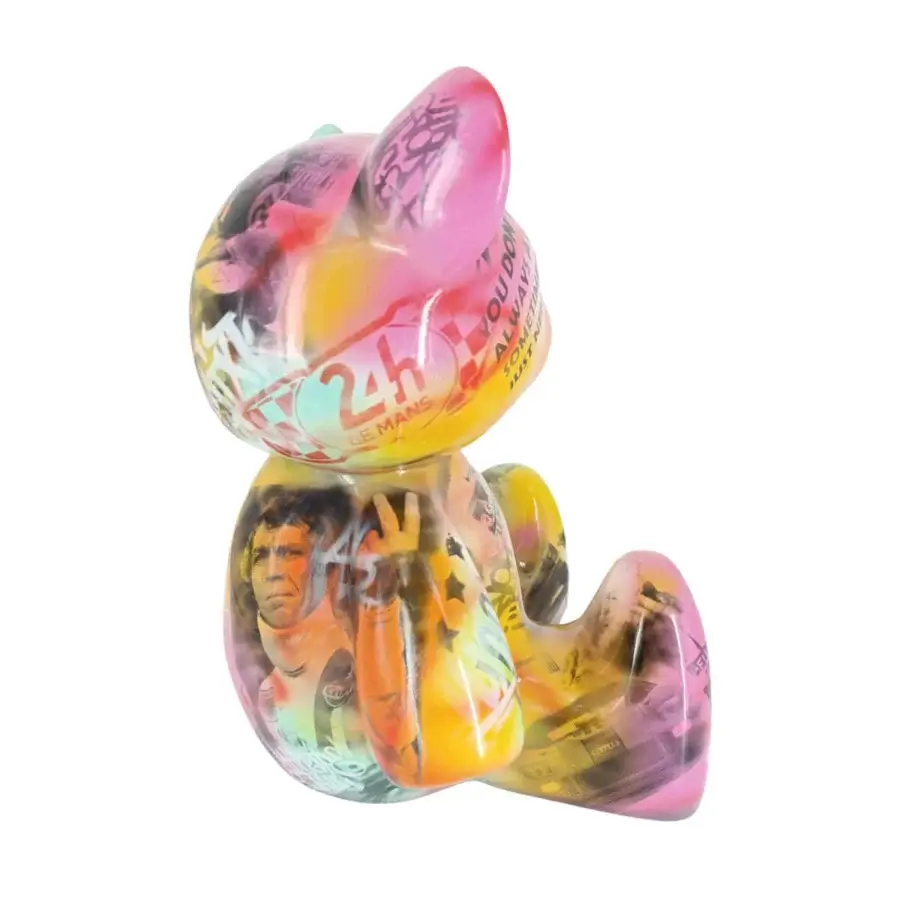 Superior Juliarte Teddy 24h Le Mans sculpture hand-painted with dynamic racing imagery in stone powder and fiberglass with a glossy finish