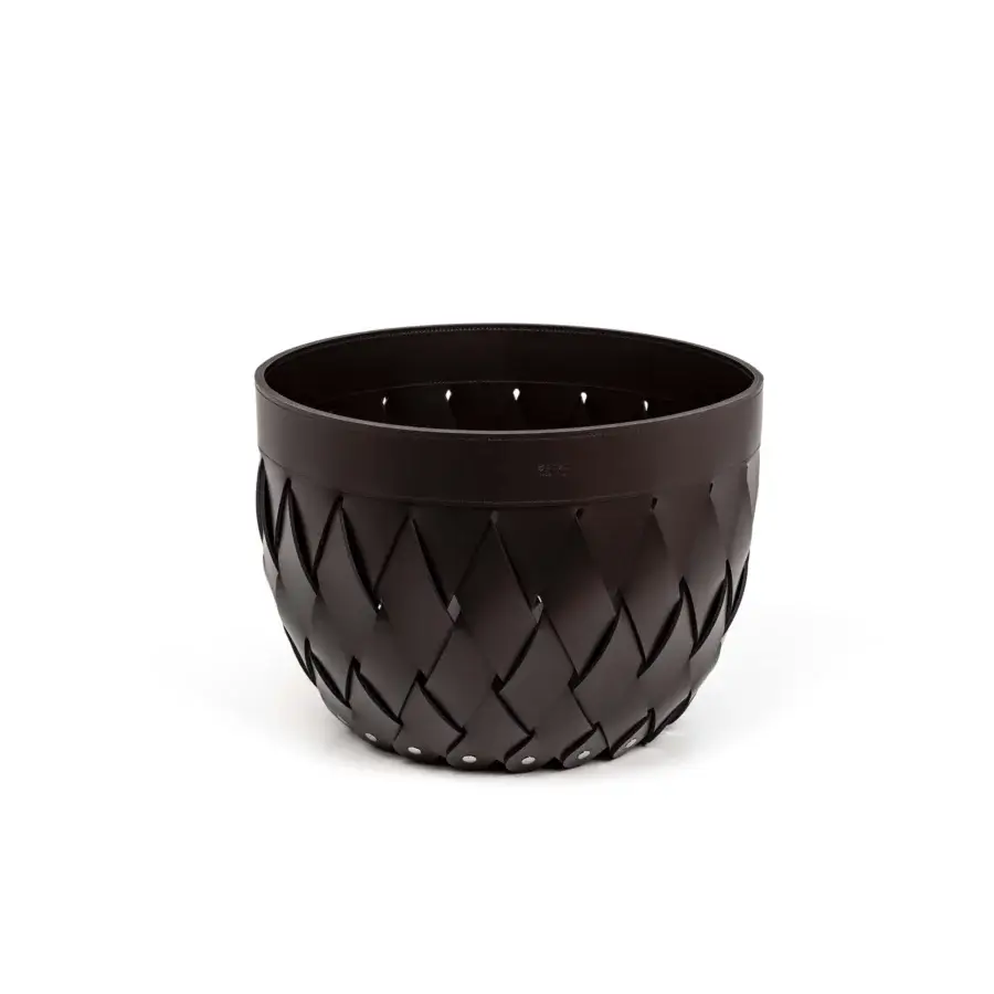 Exceptional Pinetti Canaria basket with bold geometric weave and smooth textured black leather construction