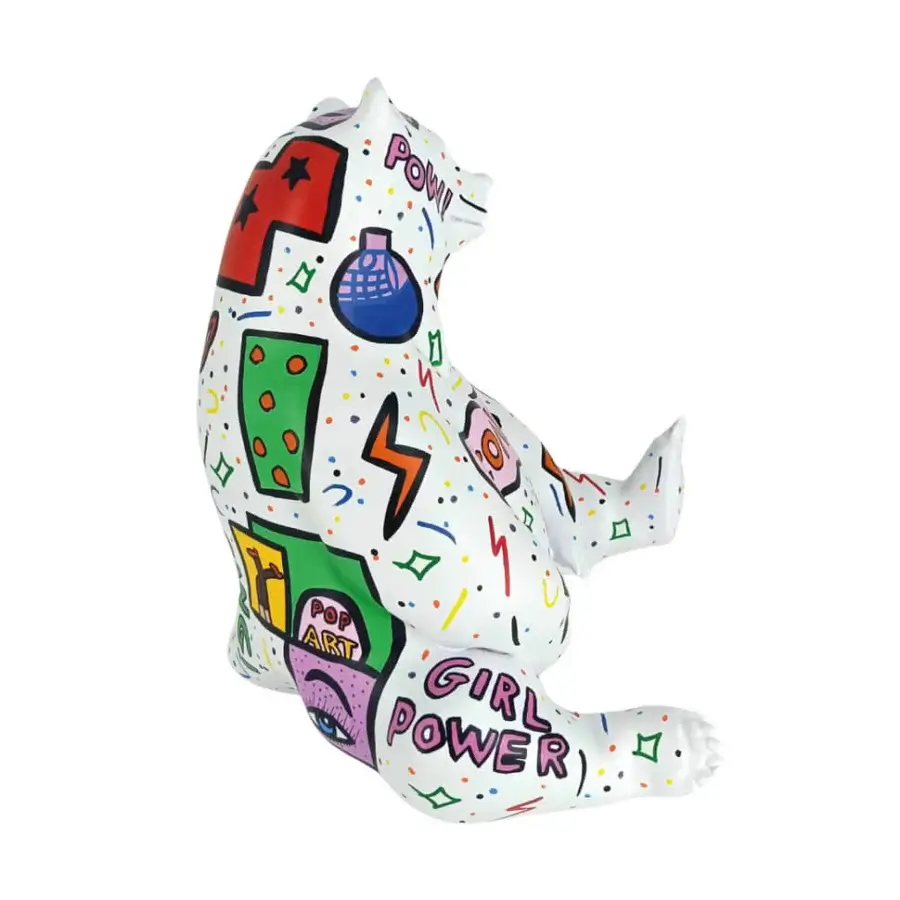 Exceptional Juliarte Seated Bear sculpture crafted from stone powder and fiber glass with a glossy white and colorful pop art design