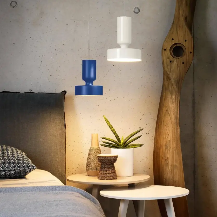 Exclusive Modo Luce Hammer suspension lamp with a clean geometric silhouette and smooth matte cobalt blue finish