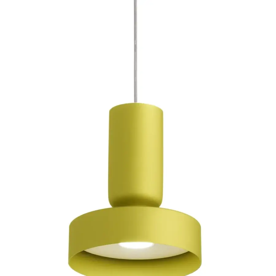 Exclusive Modo Luce Hammer suspension lamp crafted in chartreuse with a smooth matte two-part cylindrical structure
