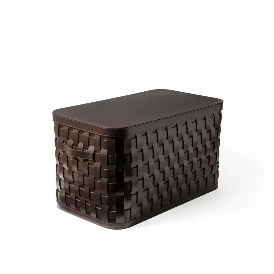 Elegant Pinetti Demetra baskets are hand-woven containers crafted in dark chocolate upcycled leather with glossy lids