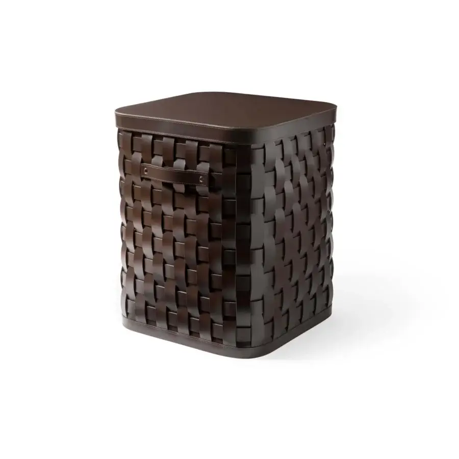 Exceptional Pinetti Demetra baskets are hand-woven cubes crafted in dark brown upcycled leather with a sleek grid weave