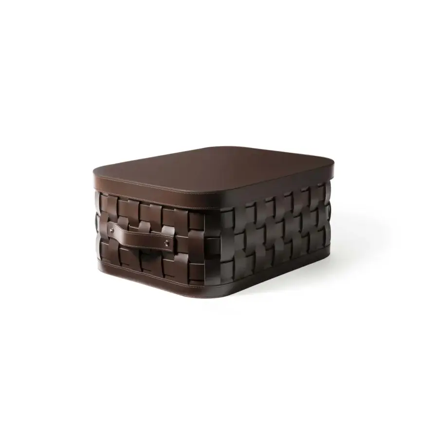 Superior Pinetti Demetra baskets are hand-woven containers crafted in dark brown upcycled leather with smooth lids