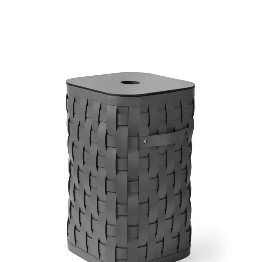 Distinguished Pinetti Demetra baskets are hand-woven containers crafted in dark gray upcycled leather with a matte finish