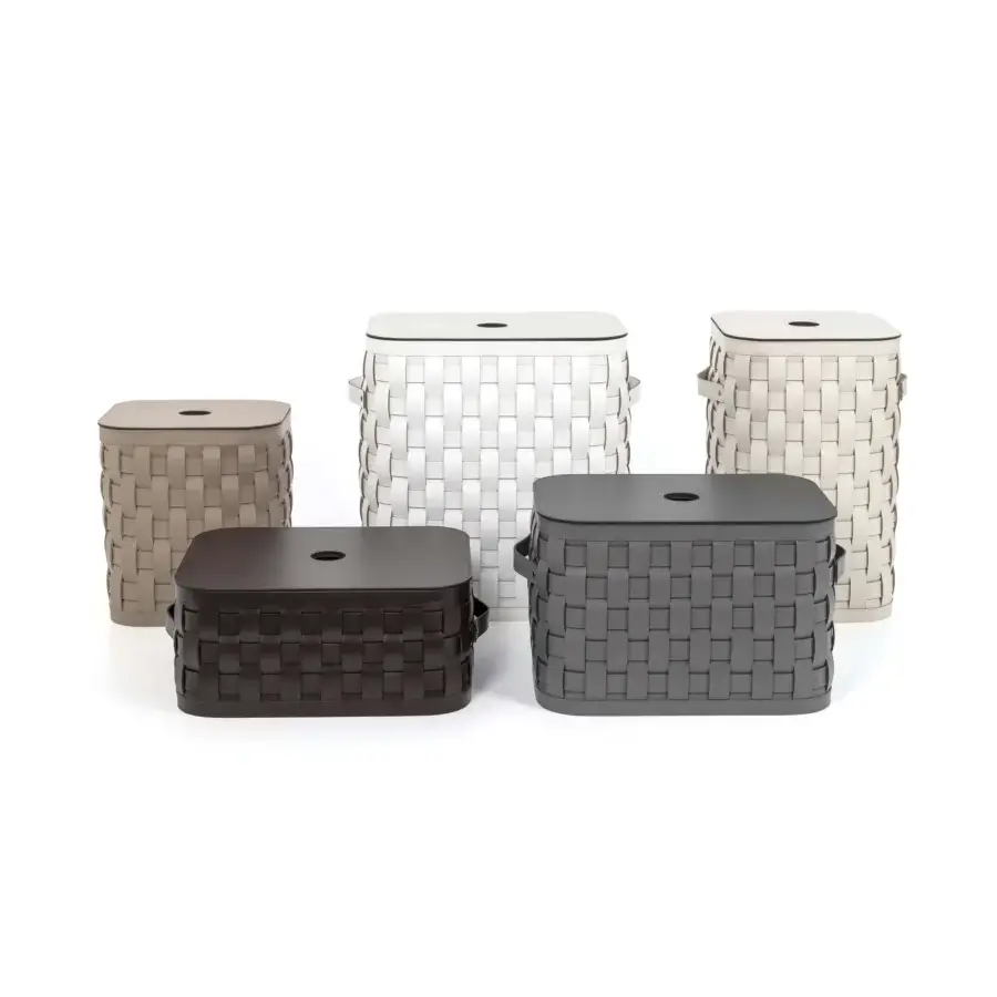 Elegant Pinetti Demetra baskets are hand-woven containers in charcoal gray, beige, taupe, and white upcycled leather material