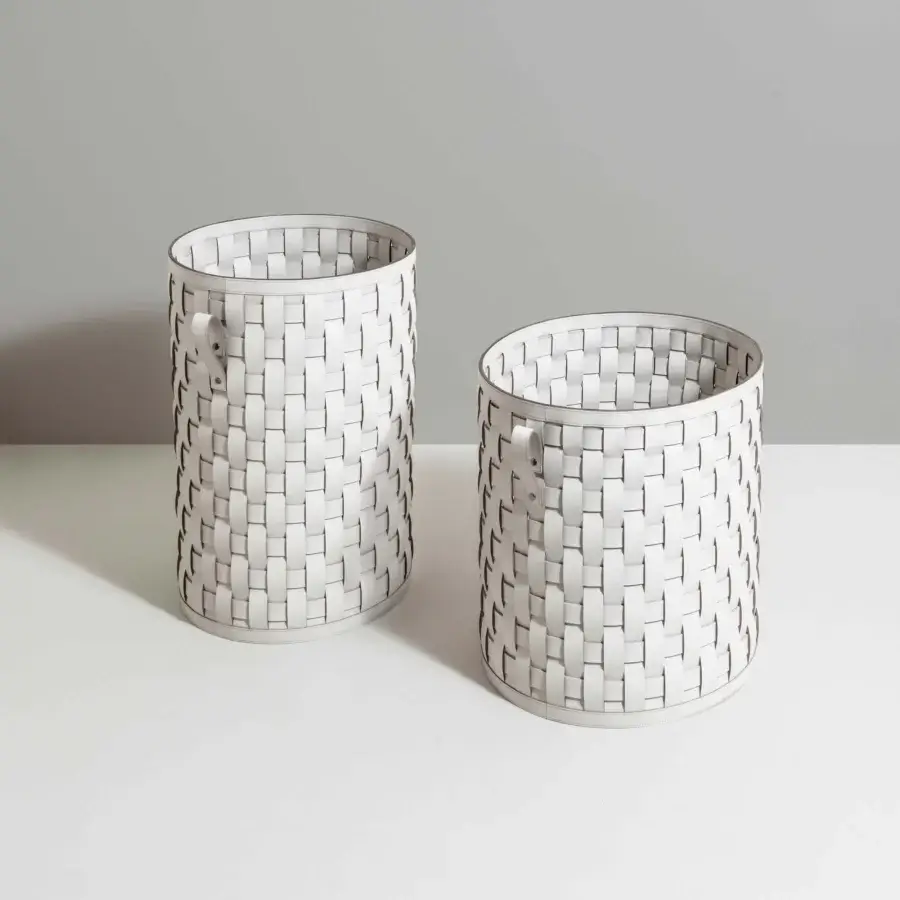 Superior Pinetti Demetra baskets cylindrical containers hand-woven in bright white washable materials with a smooth matte finish