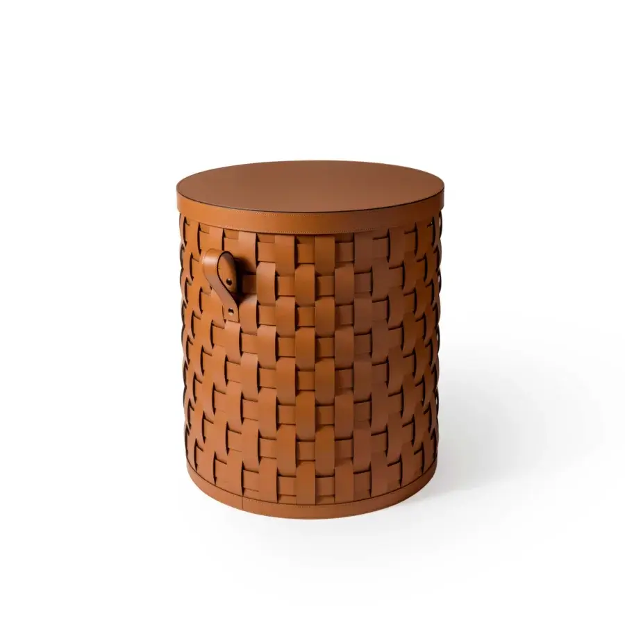 Distinguished Pinetti Demetra baskets cylindrical containers hand-woven in medium brown washable materials with darker brown leather handles