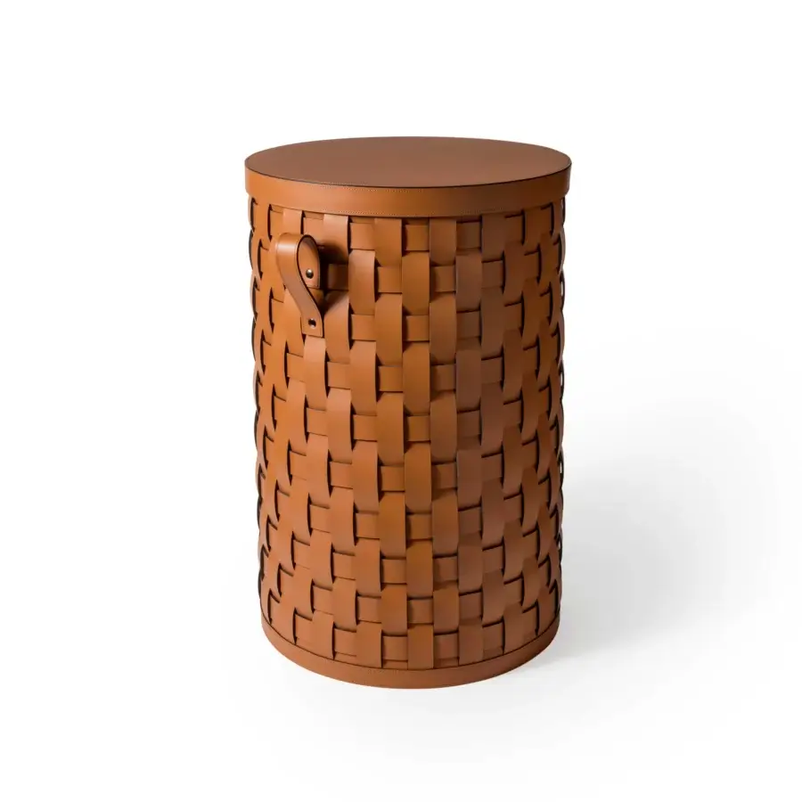 Exceptional Pinetti Demetra baskets cylindrical containers hand-woven in medium brown washable materials with leather handle