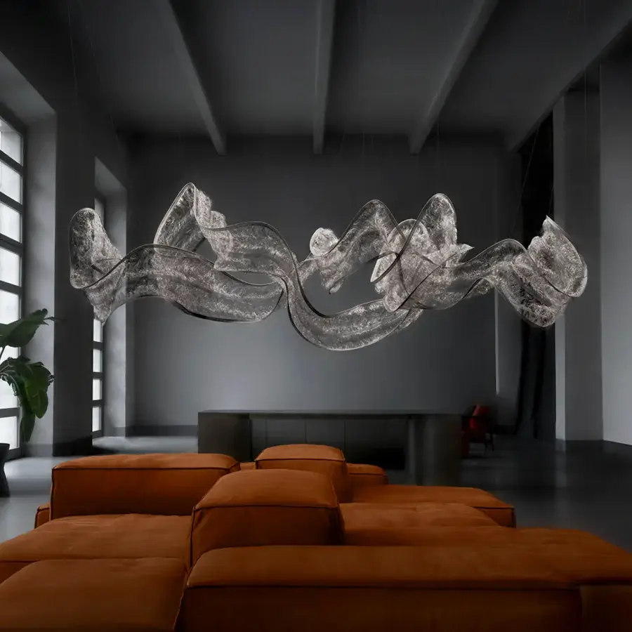 Elegant Terzani Genesis suspended sculpture woven from knitted steel with translucent textured finish
